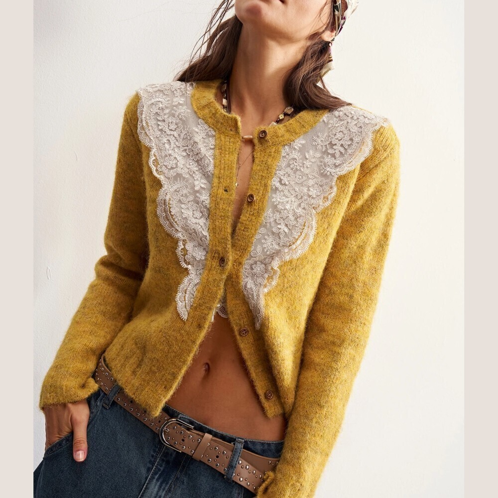 Mustard Yellow Knit Cardigan with Ivory Cream Lace Scalloped Yoke Trim